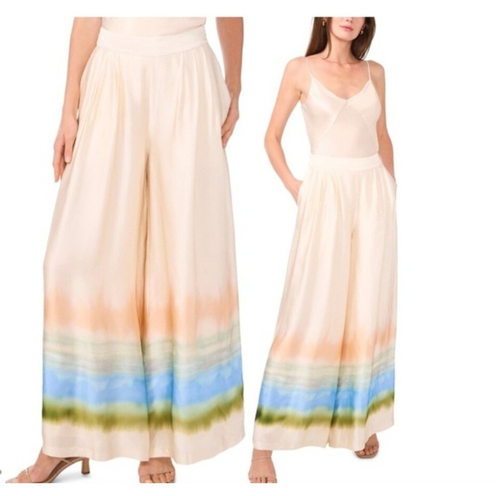 PARKER Wide Leg Pants‎ Cream Watercolor Ombre Silk Blend Size 0
